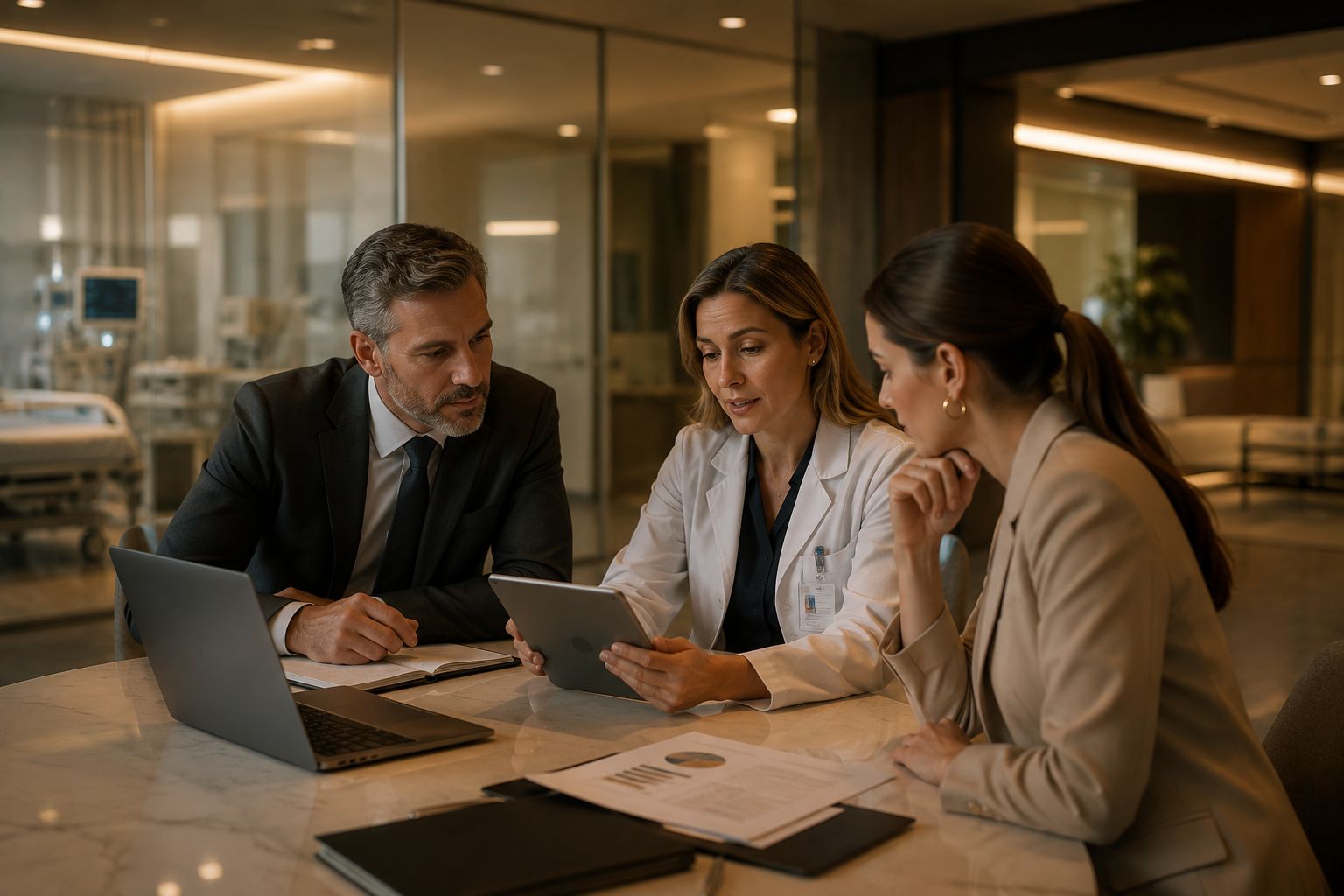Reunião estratégica entre equipe de saúde e consultores sobre gestão e tecnologia hospitalar